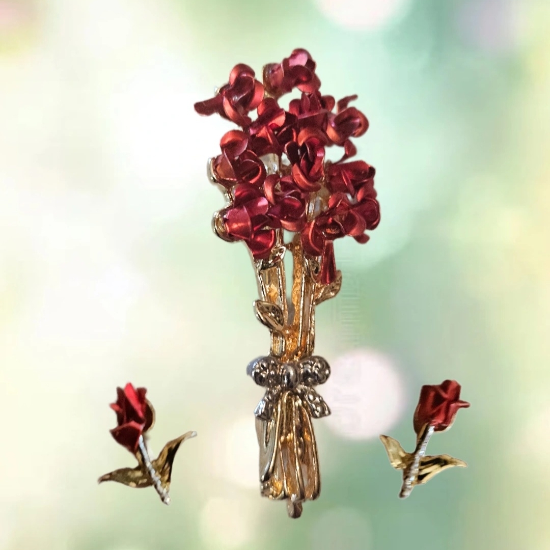 Elegant Red Roses And Gold Floral Brooch Plus Rose Earrings.